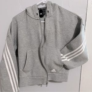 Gray and White Adidas Cropped Zip Up Hoodie